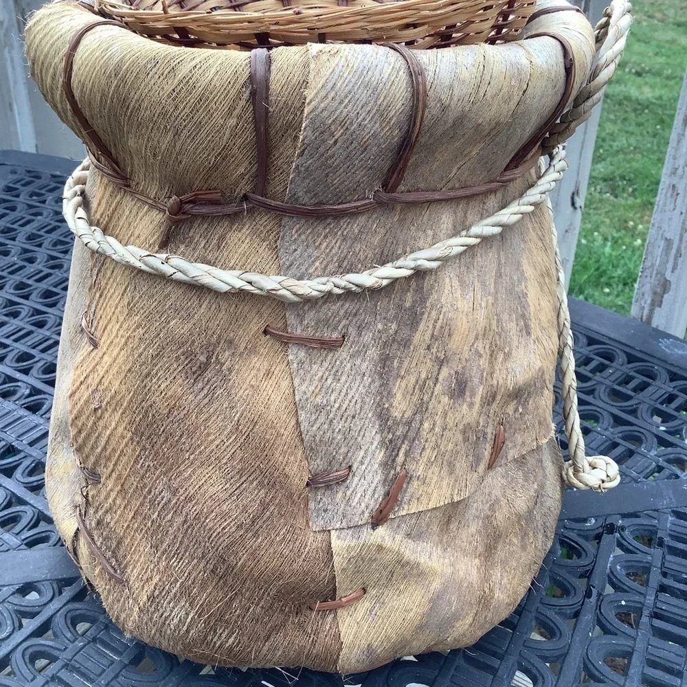 Vintage Leather Woven Coconut Palm Fronds  Boho Planter Basket